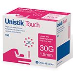 Unistik Touch Flow safety lancets, 1.5mm, 30G, lancing device for blood sampling, by Pasteur Pharmacy, 100-count pack.