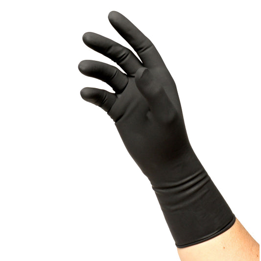 Black latex gloves from Pasteur Pharmacy, reusable and flexible for cleaning, medical, or household use.