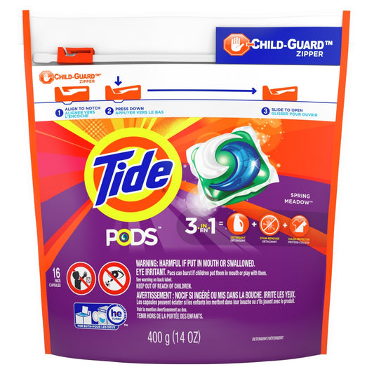 Tide Spring Meadow Laundry Detergent 3-in-1 Pods in a 16-count package, designed for fresh, clean laundry.