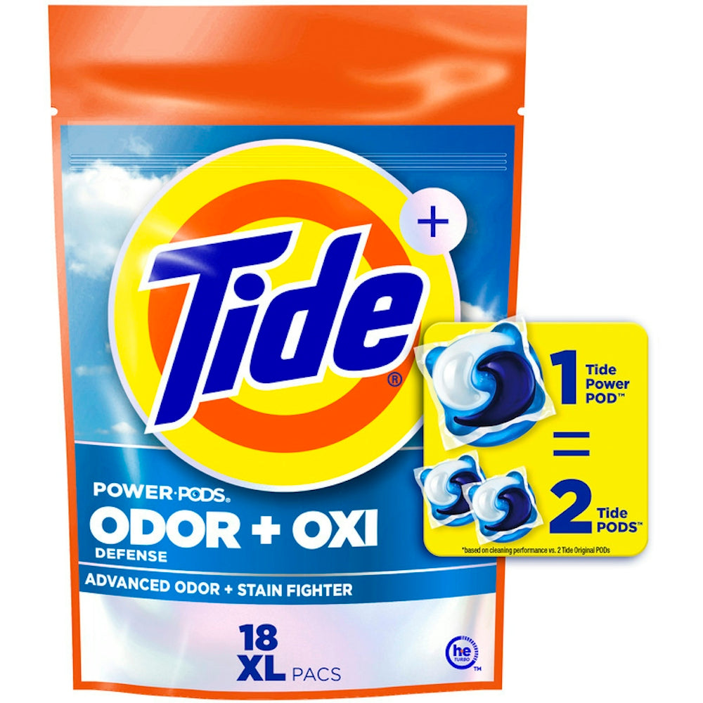 Tide Ultra Oxi Power Pods laundry detergent pacs with odor eliminators, shown in a clear image highlighting their packaging and design.