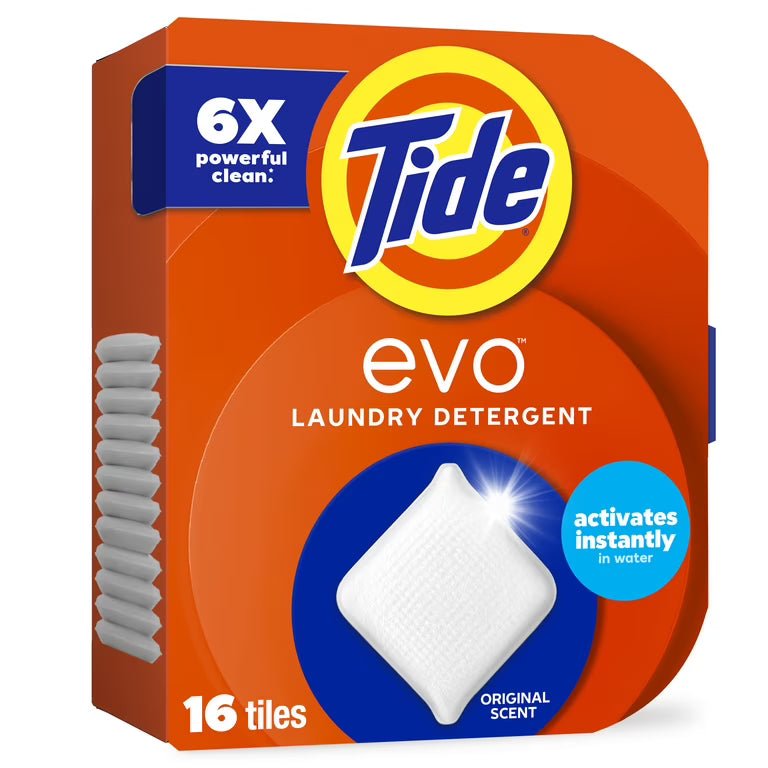 Tide EVO Laundry Detergent Tiles in original scent, 16-count, retail package of laundry supplies showing detergent tiles and branding.