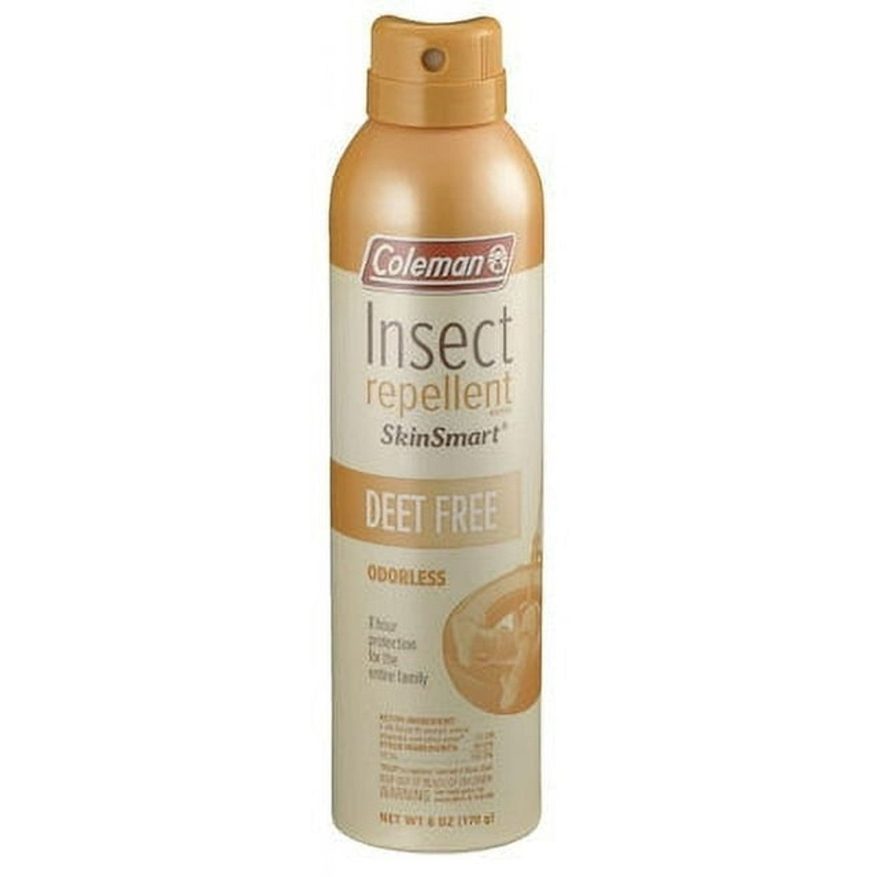 Coleman SkinSmart Deet-free insect repellent spray in a 6 oz bottle for lawn and garden use, shown in the image.