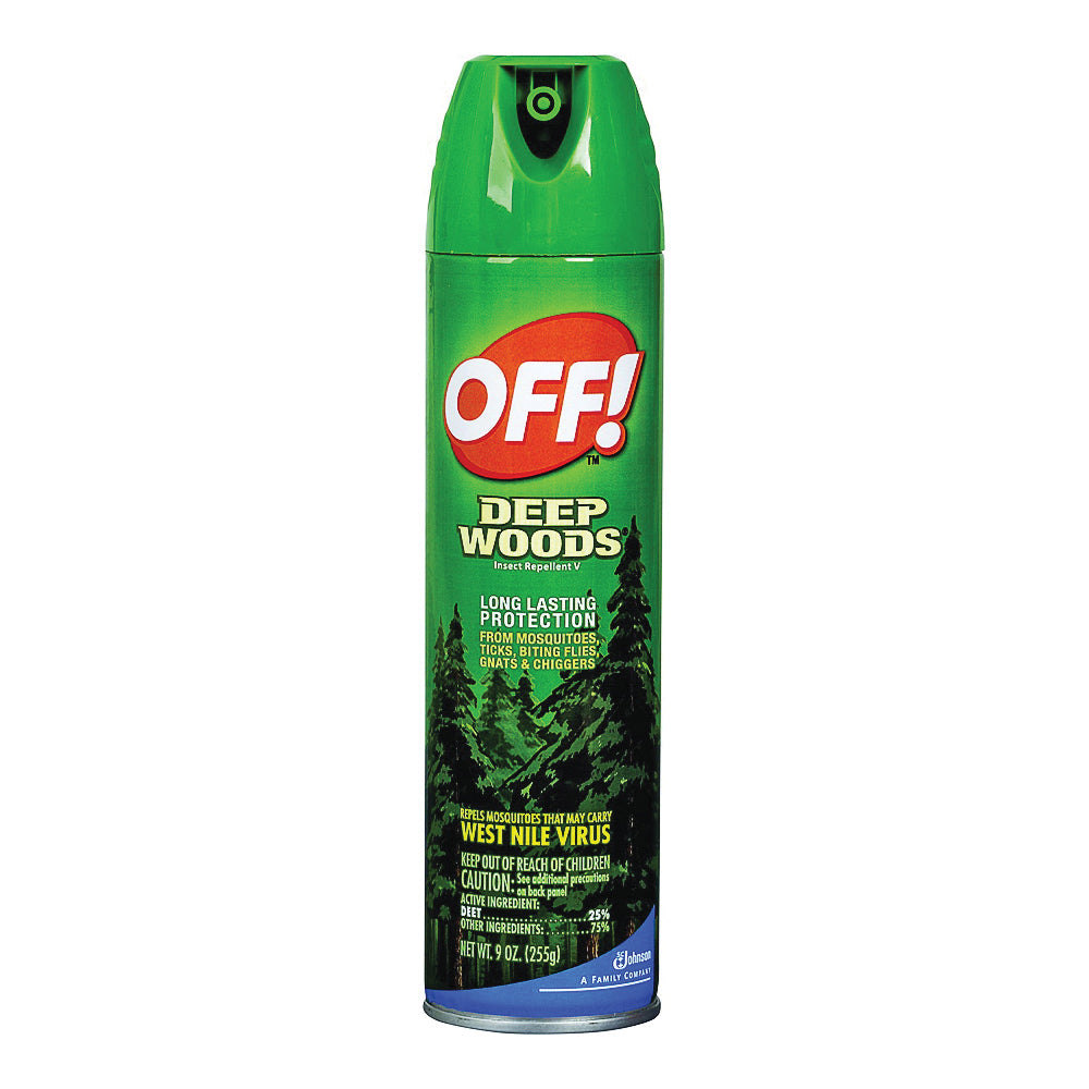 Off! Deep Woods Insect Repellent aerosol spray, 9 oz, for outdoor pest protection, with a green and white spray can showing product branding.