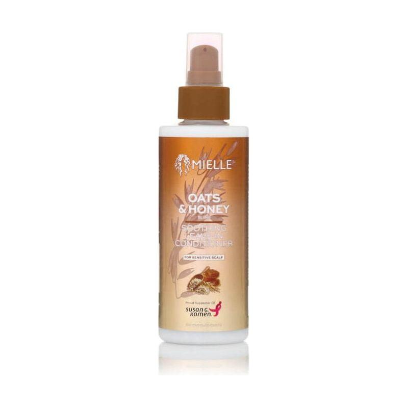 Mielle Oats & Honey Soothing Leave-In Conditioner in 6 oz bottle, natural hair care product with oats and honey ingredients.