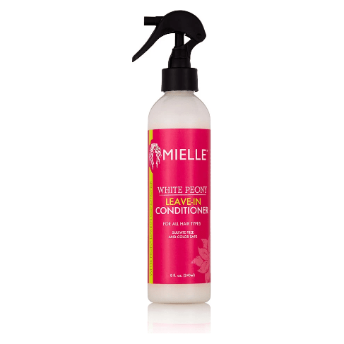 Mielle White Peony Leave-in Conditioner in 8 oz bottle, nourishing hair treatment with floral scent and lightweight moisturizing formula
