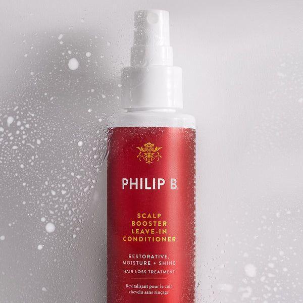 Philip B. Scalp Booster Leave-In Conditioner in 4.23 oz bottle, natural hair care product for scalp and hair nourishment.