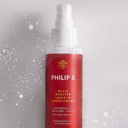 Philip B. Scalp Booster Leave-In Conditioner in 4.23 oz bottle, natural hair care product for scalp and hair nourishment.