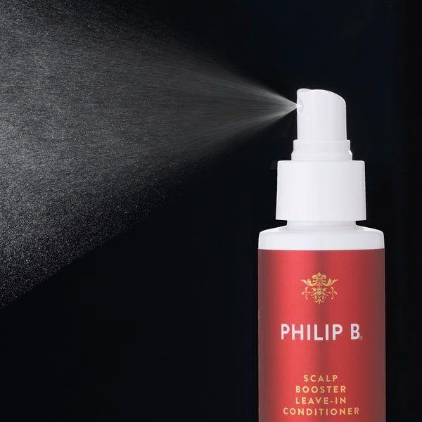Philip B. Scalp Booster Leave-In Conditioner in a 4.23 oz bottle, natural leave-in hair treatment for scalp and hair health.