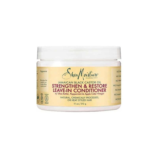SheaMoisture Jamaican Black Castor Oil Leave-In Conditioner by Pasteur Pharmacy, 312g, for strengthening and restoring hair.