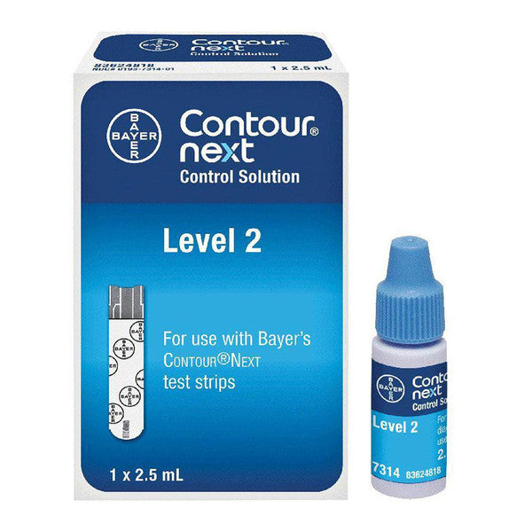 Box of Contour Next Control Solution Blood Glucose Level 2 from Pasteur Pharmacy, 2.5 mL bottle for diabetes testing.