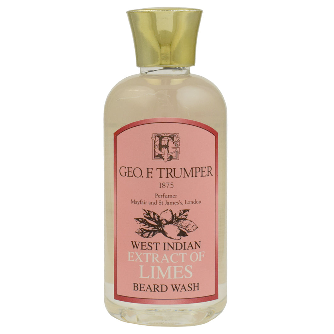 Geo F. Trumper Extract of Limes beard wash with fresh lime scent, in a clear bottle, for clean and refreshed beards.