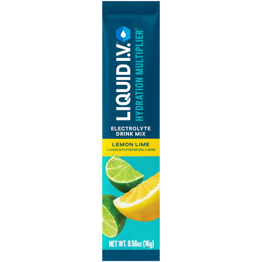 Single packet of Pasteur Pharmacy Liquid I.V. Hydration Lemon Lime electrolyte drink mix featuring fresh lime slices.