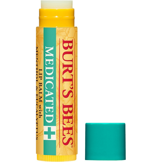 Burt's Bees Medicated Lip Balm in 0.15oz tube, natural skincare product for soothing and healing lips, displayed on a white background.