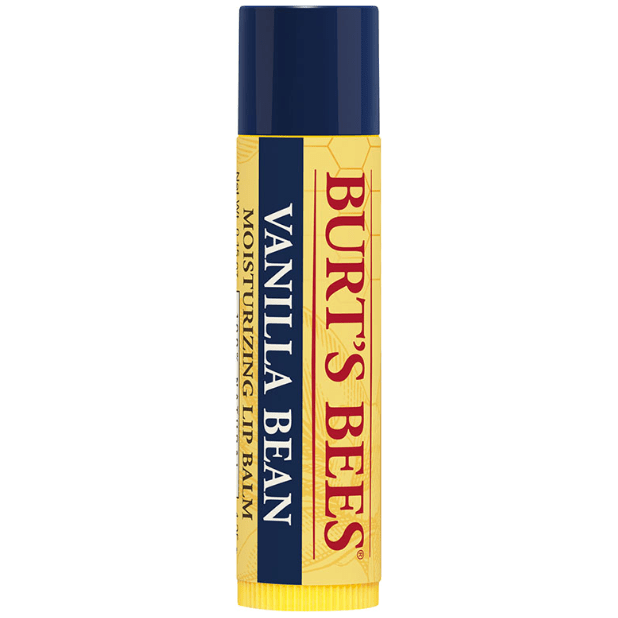 Burt's Bees Vanilla Bean Lip Balm in 0.15oz tube, natural lip moisturizer with vanilla bean scent, on a neutral background