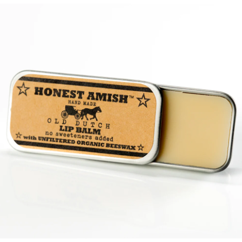 Honest Amish Old Dutch Lip Balm in a small tube, natural lip care product from Pasteur Pharmacy with herbal ingredients.