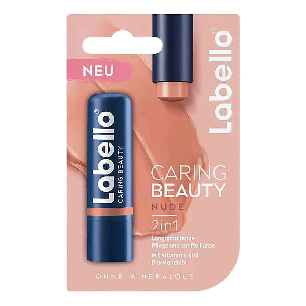 Labello Caring Beauty Nude 2-in-1 lip balm in 4.8g container, featuring natural nude shade and smooth lip hydration.