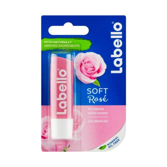 Labello Soft Rose lip balm in a 4.8g tube, offering 24-hour moisture and soft, rose-scented lips.