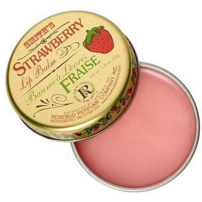 Rosebud Perfume Co. Strawberry Lip Balm in a small 0.8 oz container, featuring a smooth, glossy finish and a clear lid.