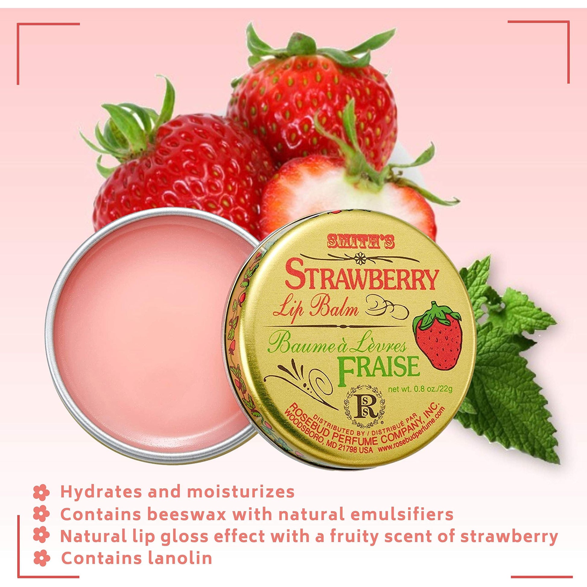 Rosebud Perfume Co. Strawberry Lip Balm in 0.8 oz container, showing the product with a pinkish tint and smooth balm texture.