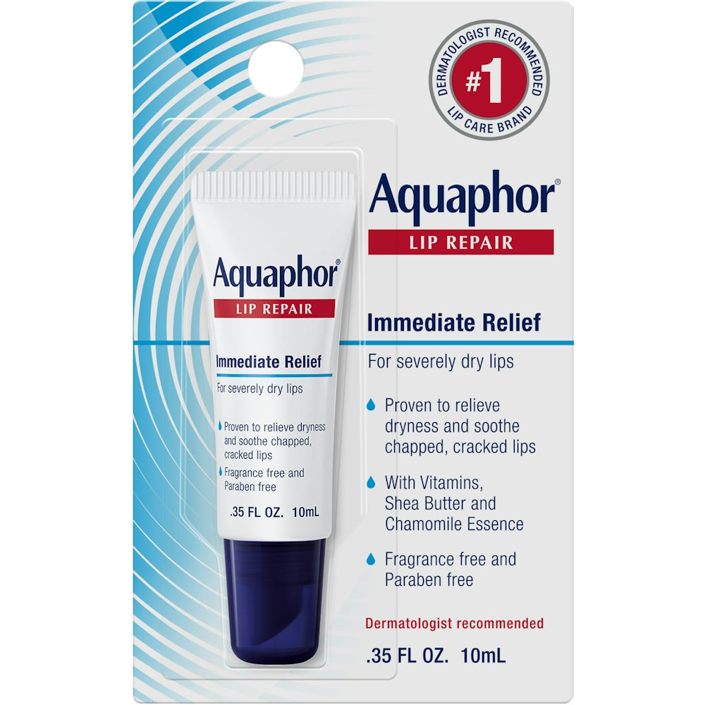 Aquaphor Lip Repair balm by Pasteur Pharmacy in 0.35 fl oz container, designed for immediate relief of chapped lips.