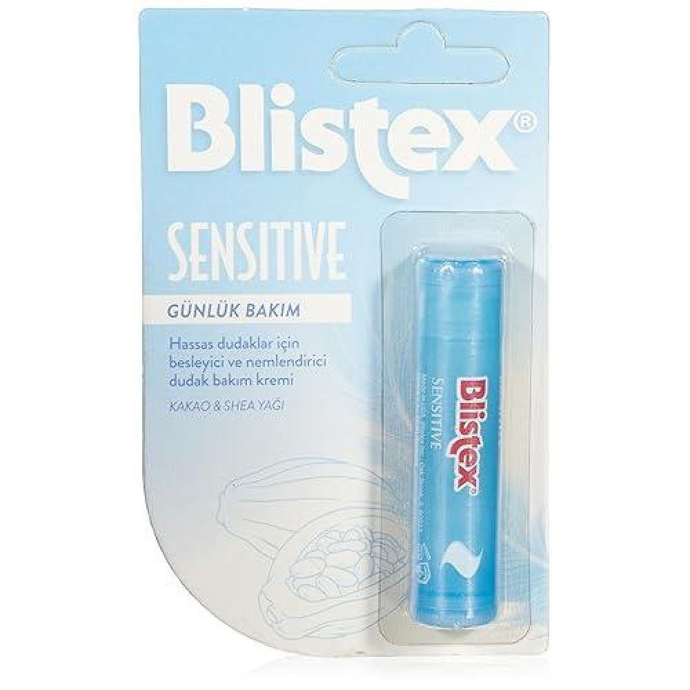 Blistex Simple & Sensitive hypoallergenic lip moisturizer balm in a 0.15 oz tube with a white cap and clear packaging.