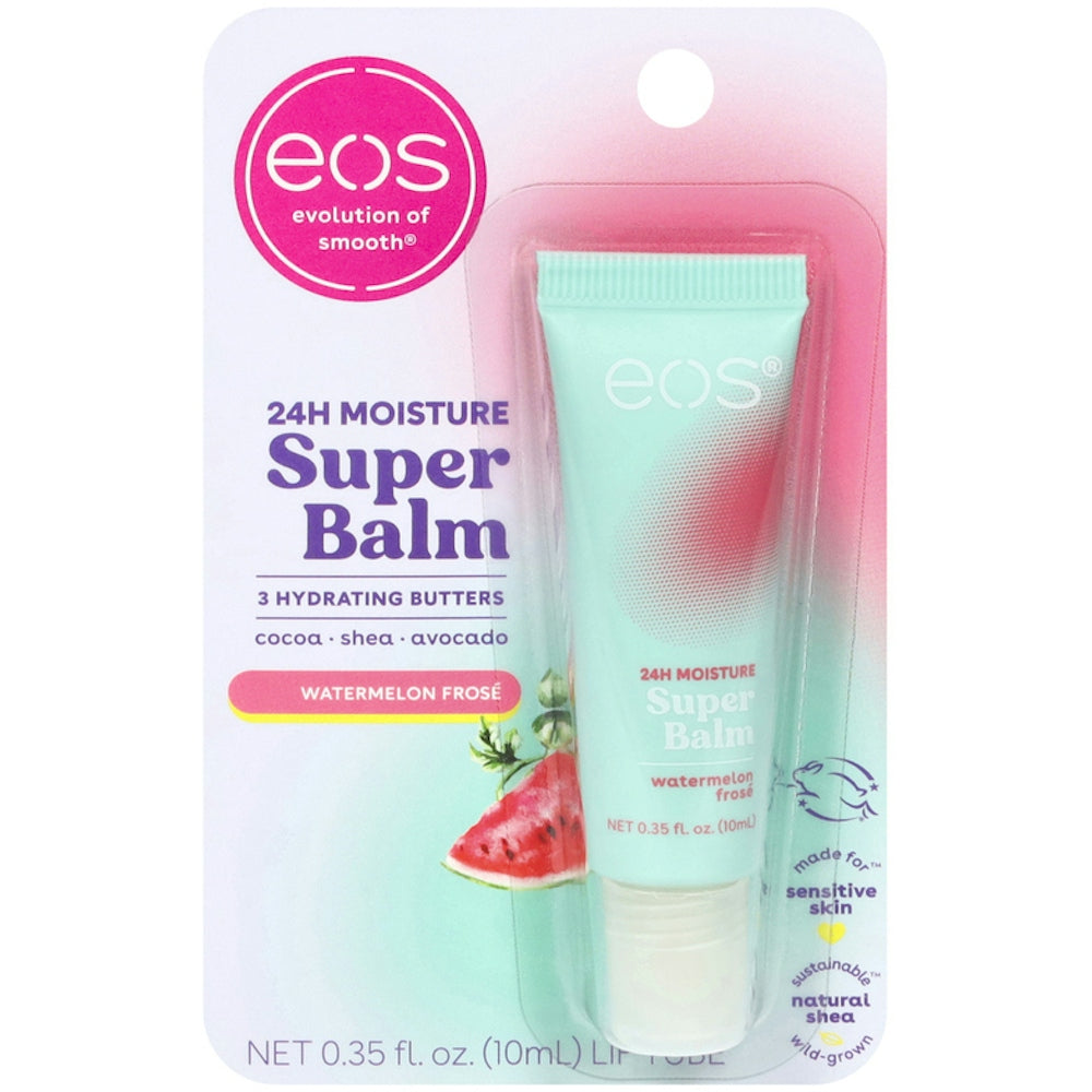 EOS Super Balm Watermelon Frose lip balm from Pasteur Pharmacy, 24-hour moisture in a 0.35 fl oz tube.