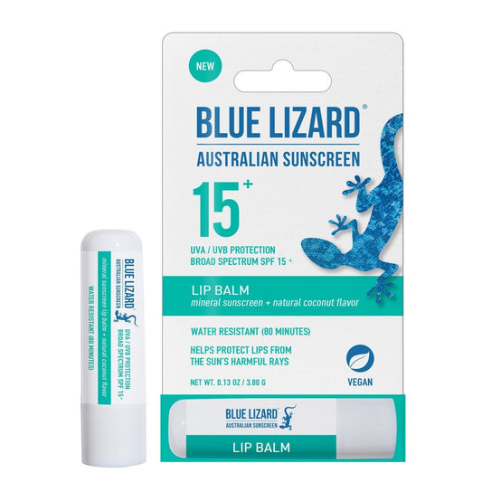 Blue Lizard SPF 15+ lip balm in a 0.13oz tube, featuring a blue packaging design, for moisturizing and sun protection.