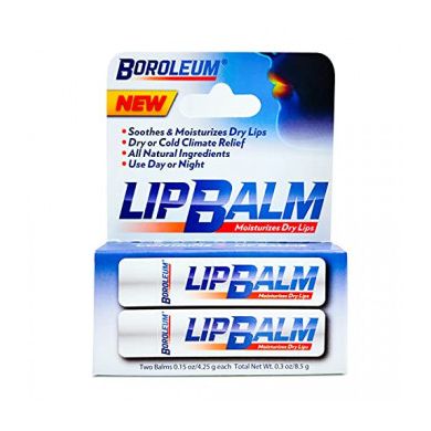 Boroleum Natural Lip Balm by Pasteur Pharmacy, soothing relief for dry, chapped lips, in a small tube with a white cap.