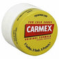 Carmex Classic Medicated Lip Balm jar, original formula, 0.25 oz, in a small white container with a lid, designed for lip treatment.