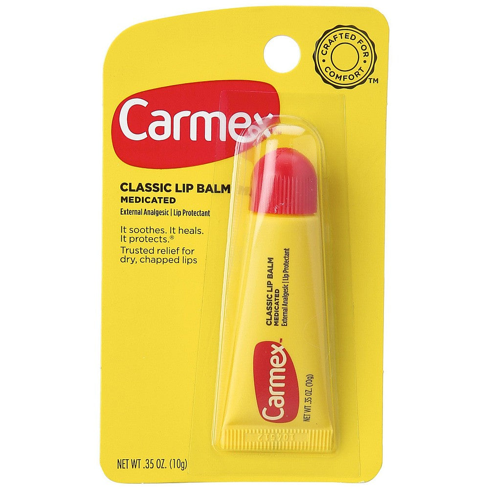 Carmex Classic Medicated Lip Balm Tube by Pasteur Pharmacy, original 0.35 oz with red and white packaging and balm inside