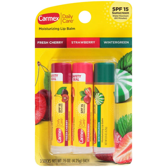 Three Carmex Daily Care Lip Balm Sticks with assorted flavors, SPF 15, moisturizing lip protection from Pasteur Pharmacy.