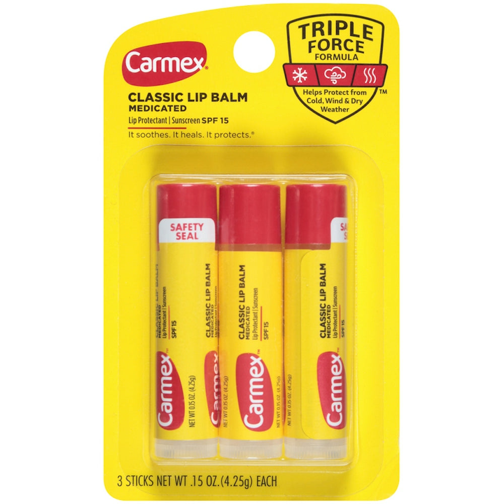 Carmex Classic Medicated Lip Balm with SPF 15, tube of lip treatment showing the product packaging and branding.