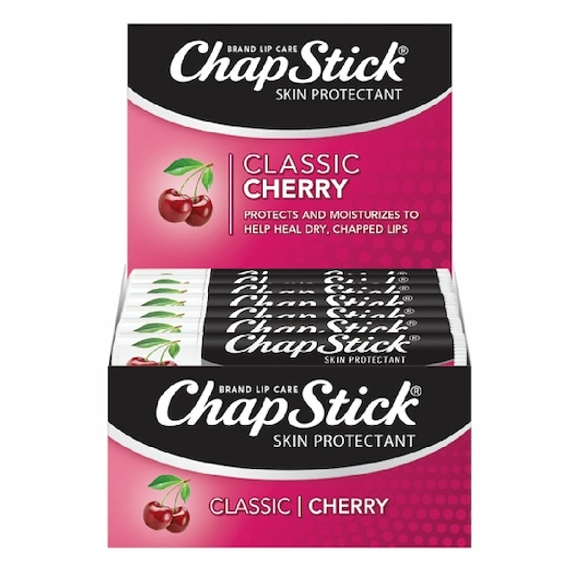 ChapStick Classic Cherry lip balm tube by Pasteur Pharmacy, 0.15 oz, showing the red cherry-flavored balm in a white tube.