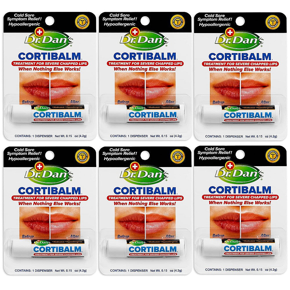 Dr. Dan's Cortibalm Lip Balm for chapped lips, moisturizing treatment in a small tube with a white and blue packaging design.