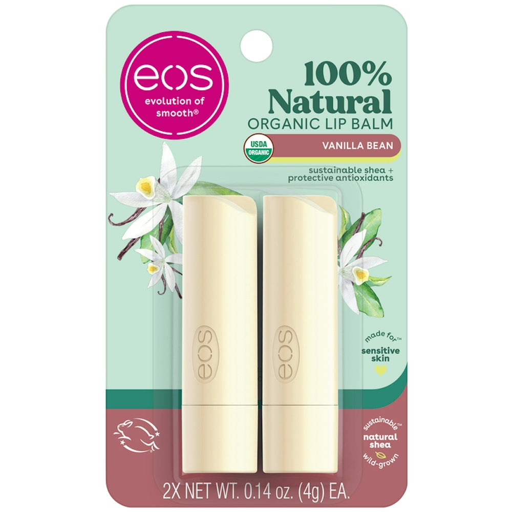 Eos 100% Natural Organic Lip Balm Vanilla Bean sticks in a 2-pack, soothing lip treatment by Pasteur Pharmacy.