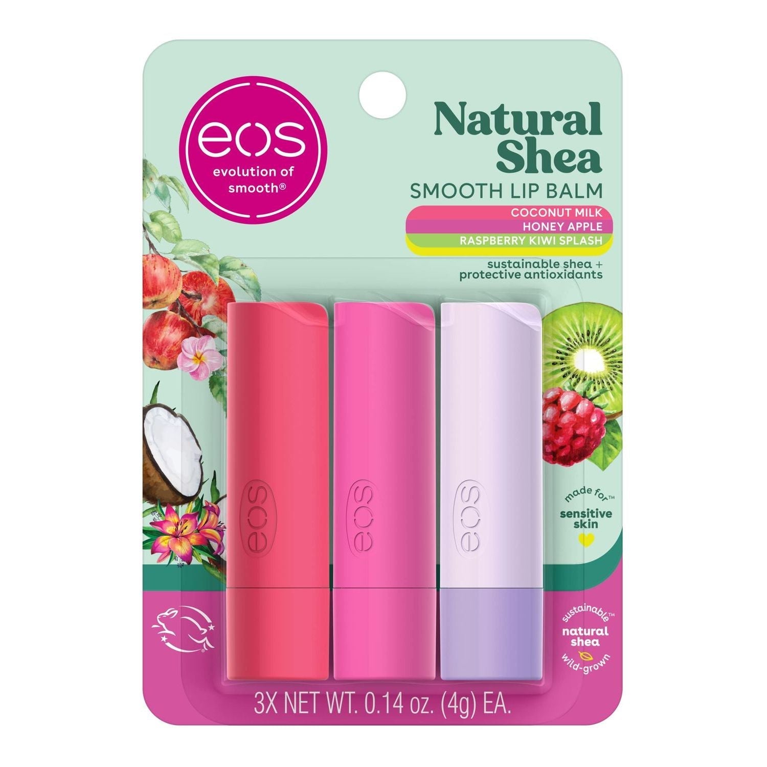 Eos Lip Balm Stick 0.14 oz in CN/Mlk/Hna/Rsp flavors, moisturizing treatment by Pasteur Pharmacy with colorful packaging