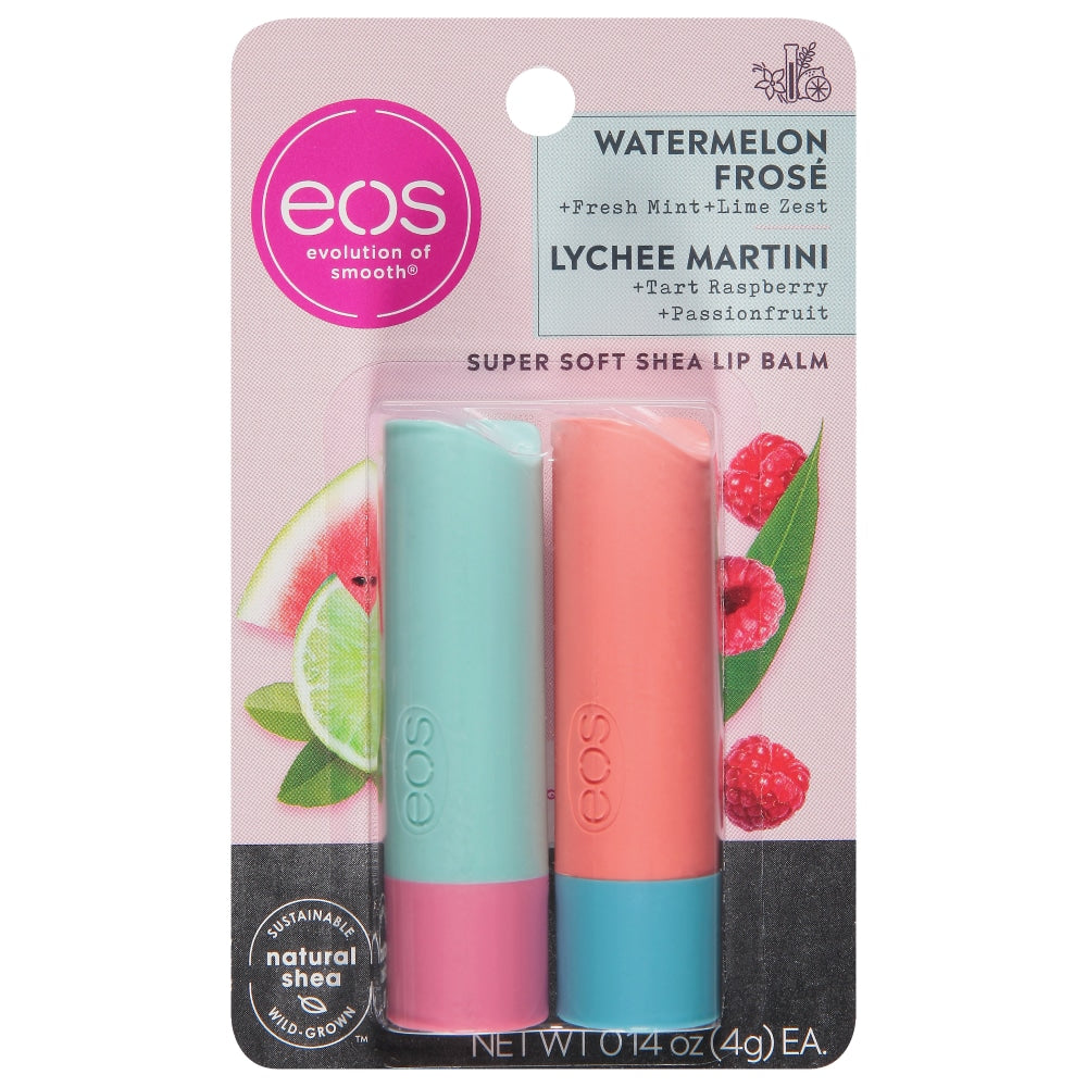 EOS Watermelon Frose and Lychee Martini lip balms from Pasteur Pharmacy, natural lip treatments with colorful packaging and smooth texture.
