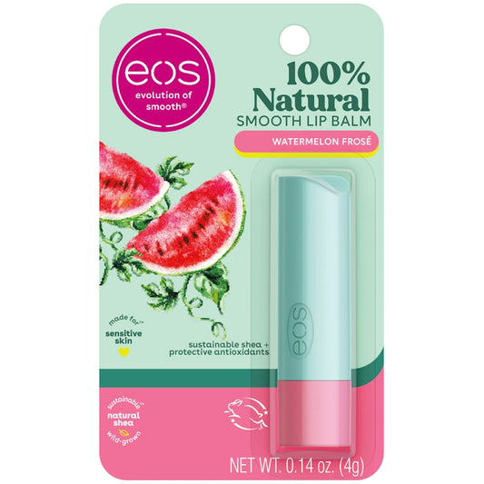 EOS Watermelon Frosé Lip Balm, a smooth moisturizing lip treatment in a small 0.14 oz container with a pink and green design.