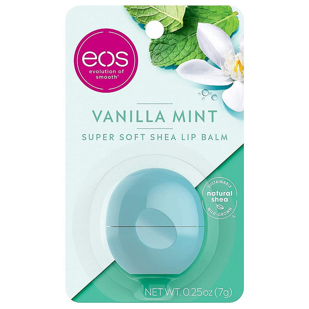 Eos Visibly Soft Lip Balm Sphere in Vanilla Mint, 0.25 oz, featuring a round, smooth balm with vanilla and mint scent.