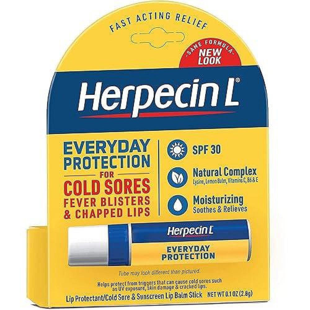 Herpecin L Cold Sore Lip Balm Stick with SPF 30 by Pasteur Pharmacy, 0.1 oz, for soothing lip treatment and sun protection.