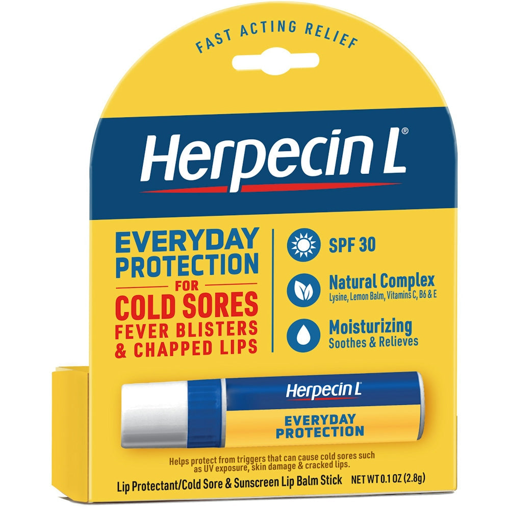 Herpecin L Cold Sore Relief Lip Balm Stick with SPF 30 and Lysine by Pasteur Pharmacy, moisturizing treatment for lips.