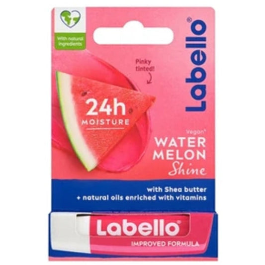 Lip balm in watermelon shine flavor by Labello, 4.8g, from Pasteur Pharmacy, moisturizing treatment for soft, shiny lips.