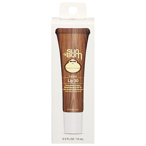 Sun Bum SPF 30 Coconut Lip Balm, a moisturizing treatment with sunscreen protection, in 0.15 oz tube.