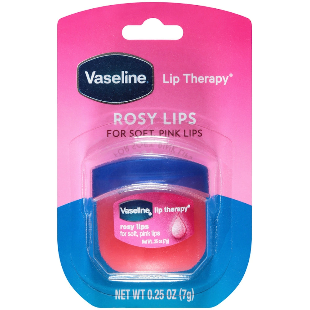 Mini Vaseline Lip Therapy Balm by Pasteur Pharmacy in Rosy Lips flavor, showing the small jar with pink tinted balm.