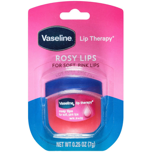 Mini Vaseline Lip Therapy Balm by Pasteur Pharmacy in Rosy Lips flavor, showing the small jar with pink tinted balm.