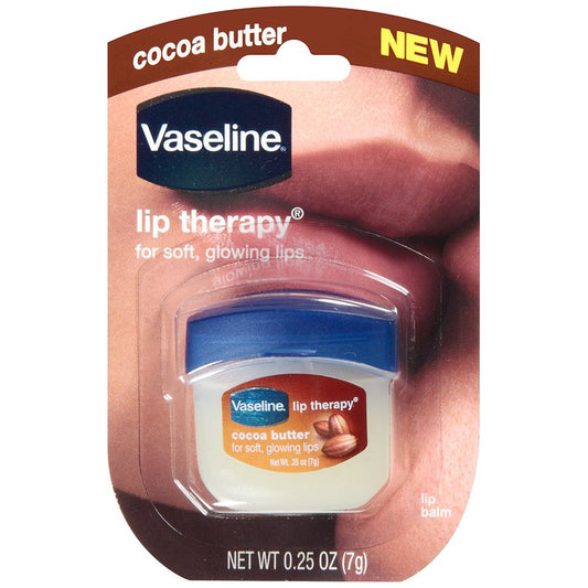 Vaseline Lip Therapy Cocoa Butter lip balm in 0.25oz container, moisturizing treatment for soft, smooth lips.