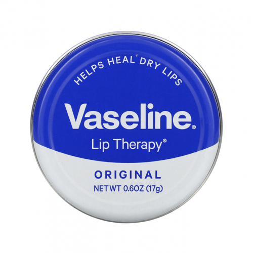 Vaseline Lip Therapy Original mini tin, 0.6 oz, lip balm treatment in a small metal container with a lid.