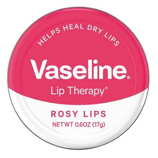 Vaseline Lip Therapy Rosy Lips Tin containing 0.6 oz of moisturizing lip balm with a pink tint, in a small metal tin.