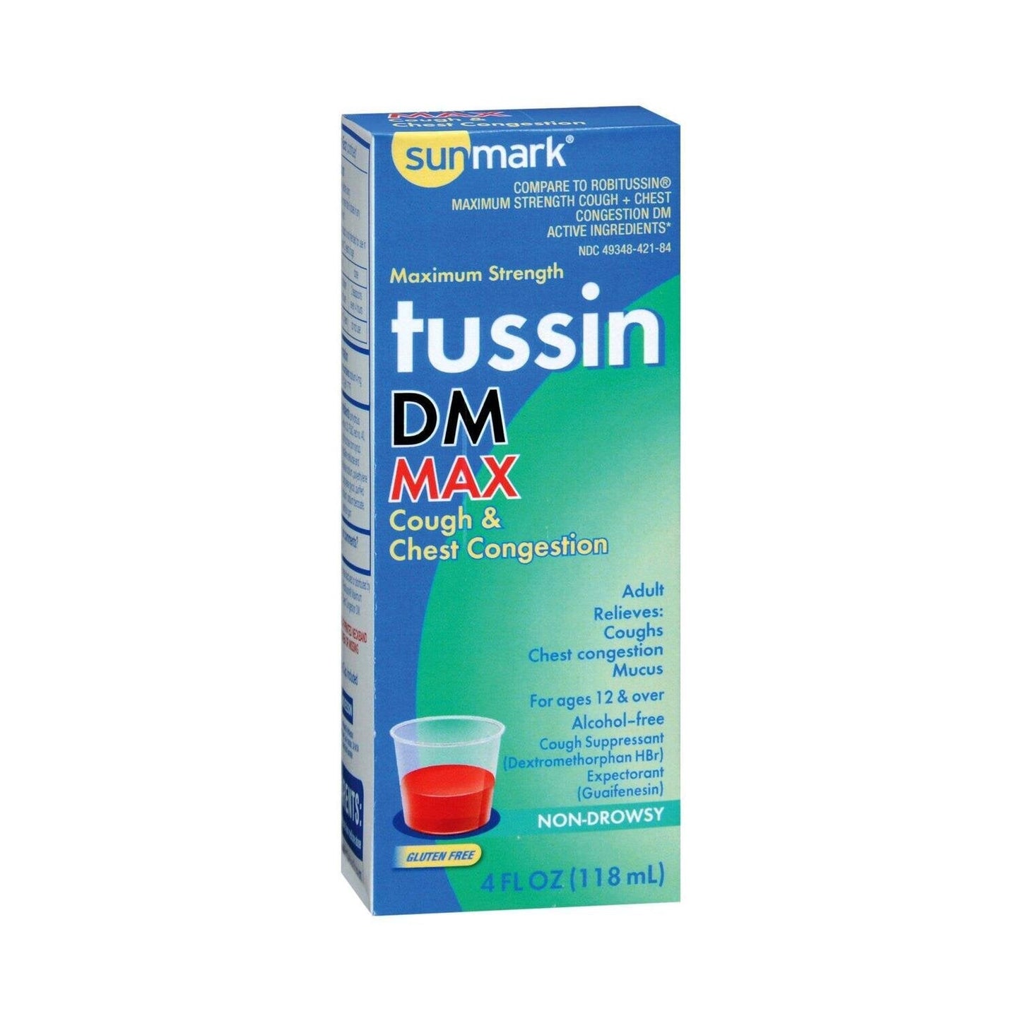 Bottle of Sunmark Non-Drowsy Adult Tussin Cough and Chest Congestion DM liquid, 4oz, for relief of cough and chest congestion.