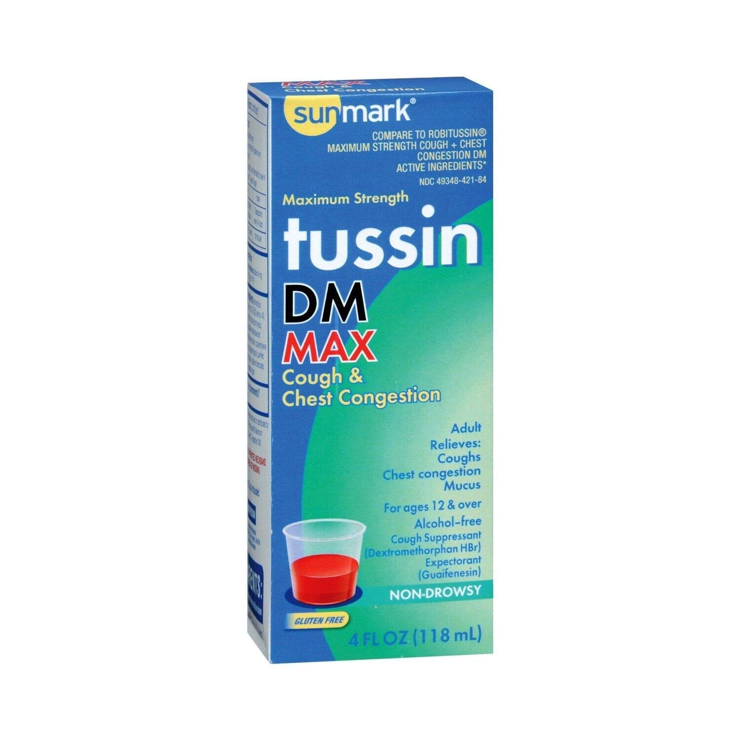 Bottle of Sunmark Non-Drowsy Adult Tussin Cough and Chest Congestion DM liquid, 4oz, for relief of cough and chest congestion.